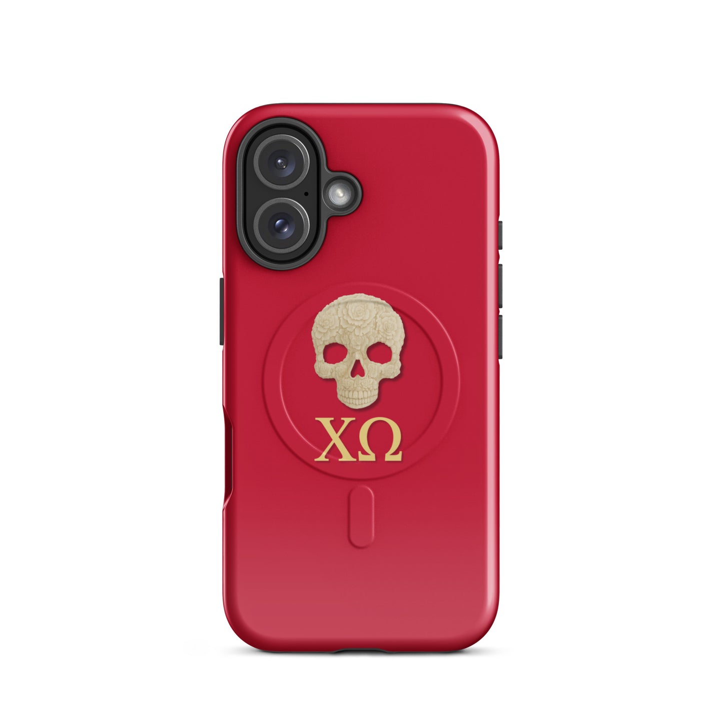 Chi Omega skull iPhone 16 case with XO letters in cardinal and straw tones, MagSafe compatible protective phone case