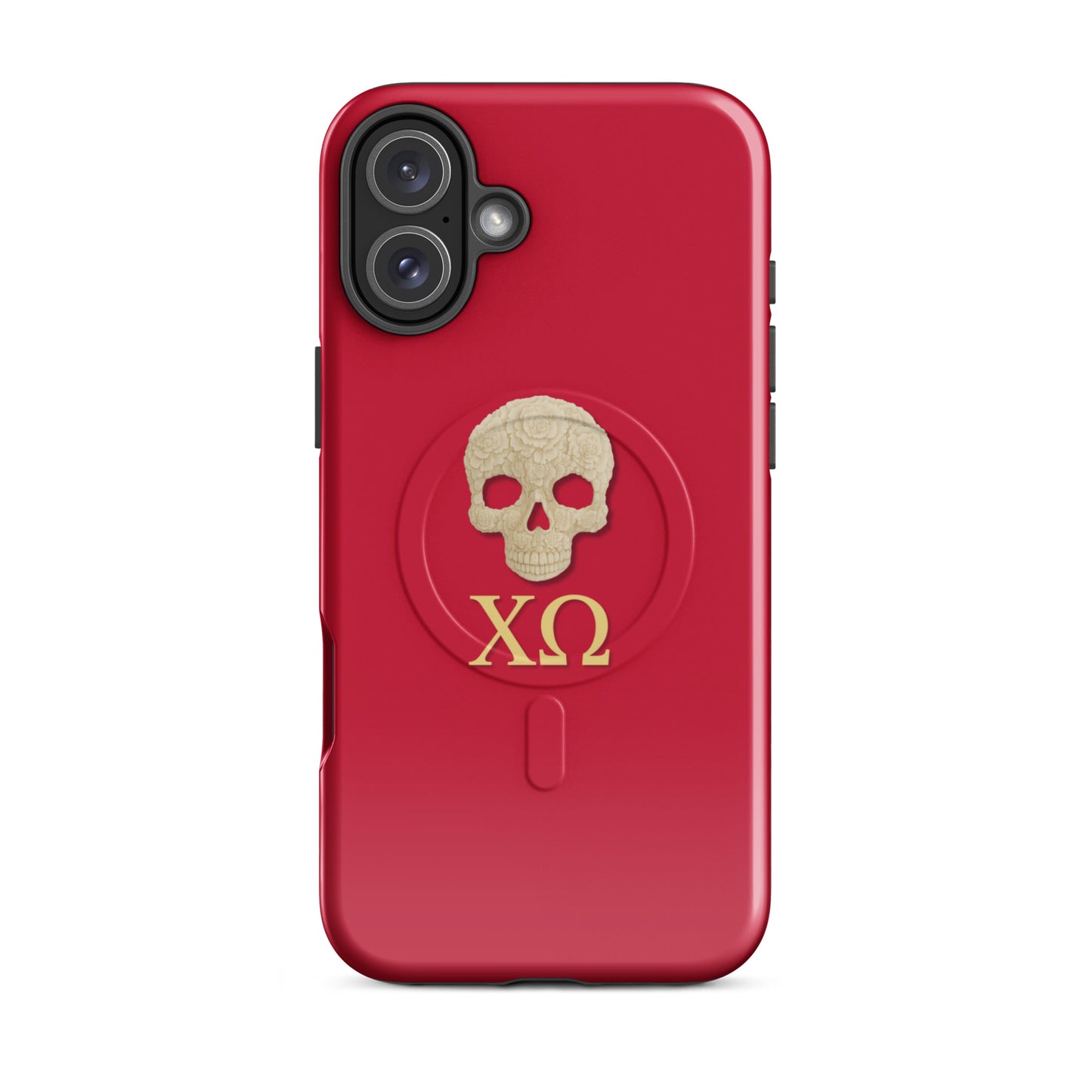 Chi Omega iPhone 16 Plus case with ivory skull and XO Greek letters on cardinal background, MagSafe compatible, glossy finish