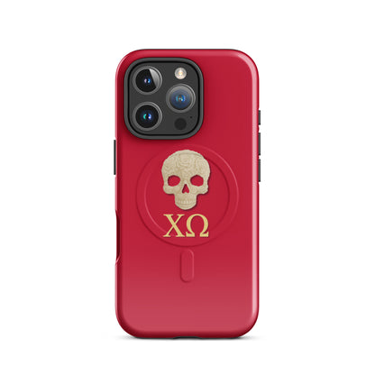 Chi Omega iPhone 16 Pro case featuring ivory skull design with XO Greek letters on a cardinal red background, MagSafe compatible