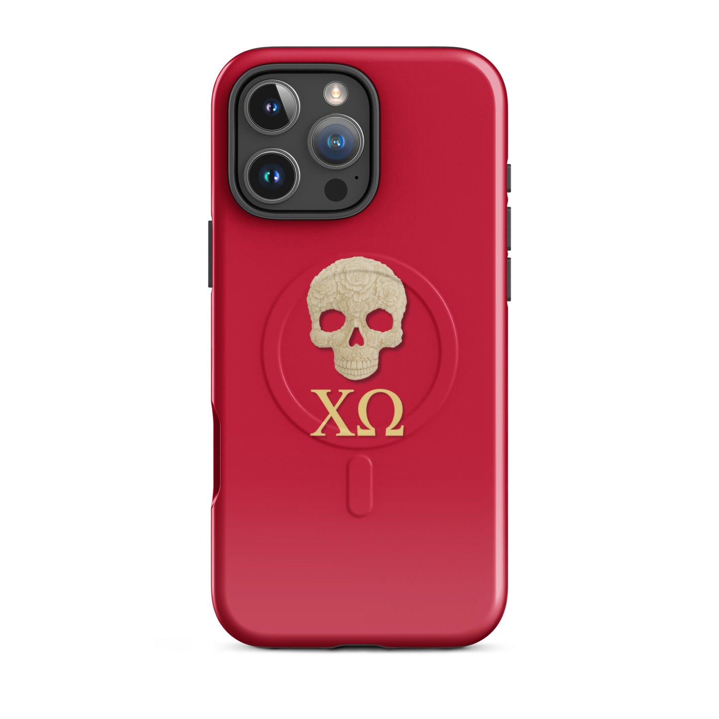 Chi Omega skull iPhone 16 Pro Max case with XO letters in cardinal and straw tones, MagSafe compatible protective phone case