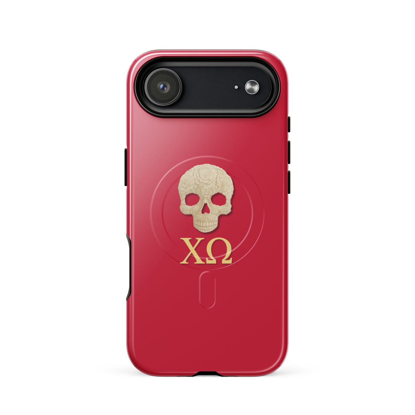 Chi Omega iPhone 17 Air case featuring ivory skull design with XO Greek letters on a cardinal red background, MagSafe compatible