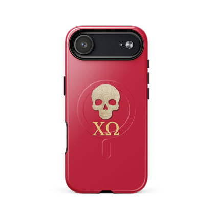 Chi Omega iPhone 17 Air case featuring ivory skull design with XO Greek letters on a cardinal red background, MagSafe compatible
