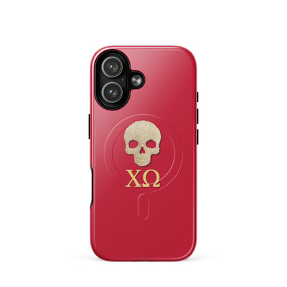 Chi Omega iPhone 17 case with ivory skull and XO Greek letters on cardinal background, MagSafe compatible, glossy finish