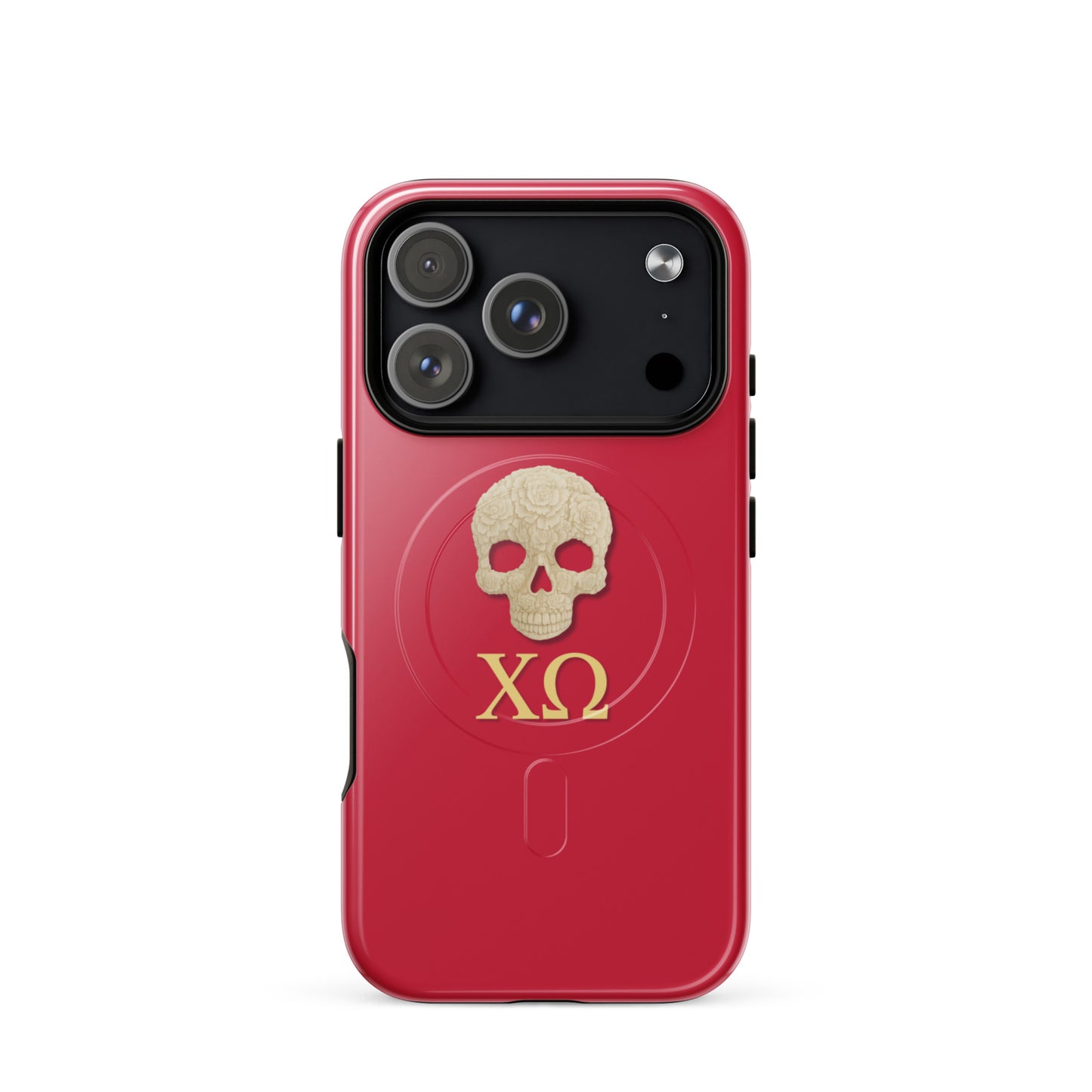 Chi Omega skull iPhone 17 Pro case with XO letters in cardinal and straw tones, MagSafe compatible protective phone case