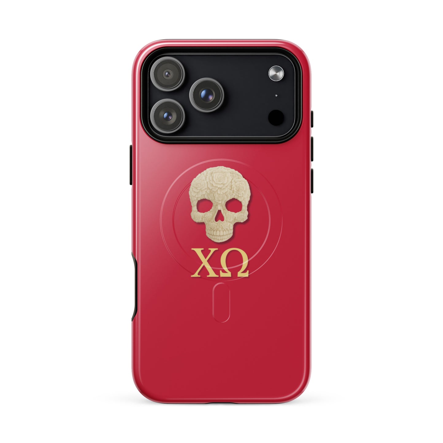Chi Omega iPhone 17 Pro Max case with ivory skull and XO Greek letters on cardinal background, MagSafe compatible, glossy finish