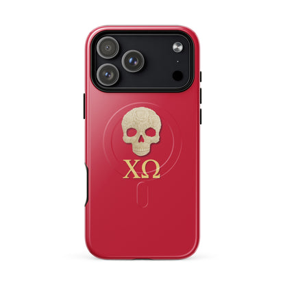 Chi Omega iPhone 17 Pro Max case with ivory skull and XO Greek letters on cardinal background, MagSafe compatible, glossy finish