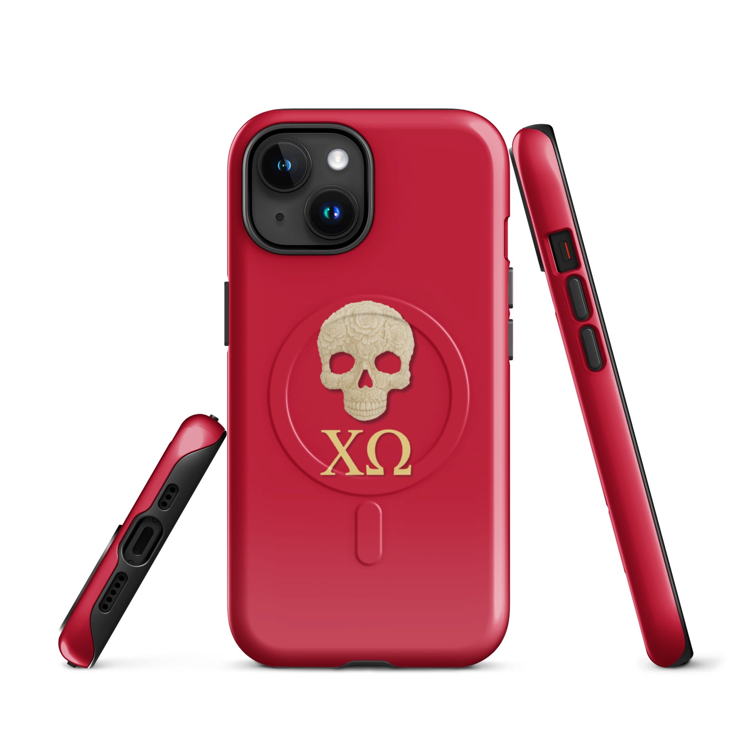 Chi Omega iPhone case with ivory skull and XO Greek letters on cardinal background, MagSafe compatible, glossy finish, front and side views