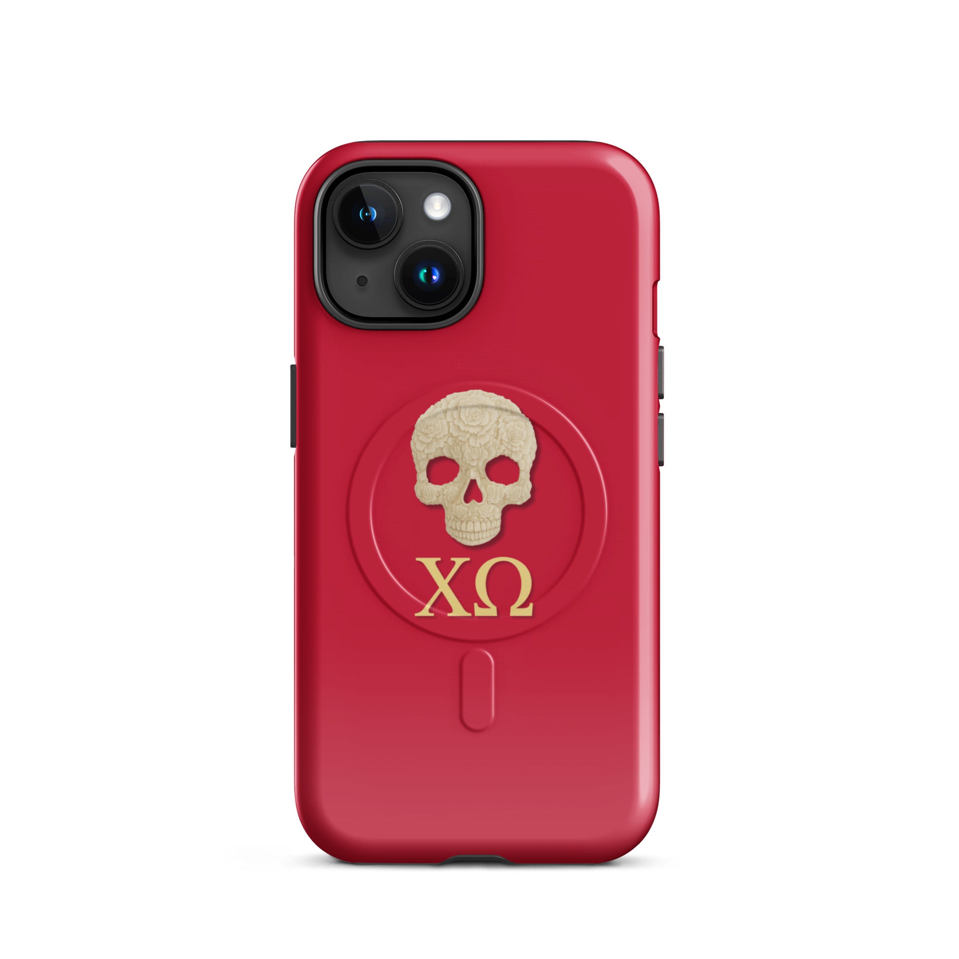 Chi Omega iPhone case with ivory skull and XO Greek letters on cardinal background, MagSafe compatible, glossy finish