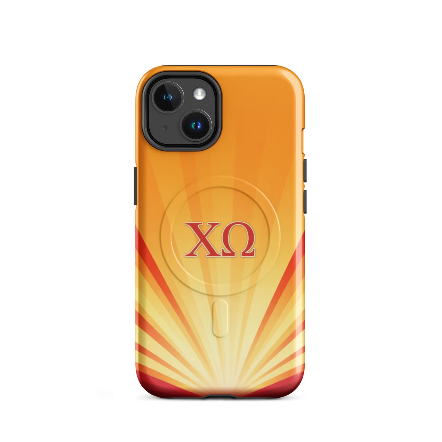 Chi Omega iPhone 14 case with radiant sunburst gradient design and cardinal XO letters, MagSafe compatible, glossy finish