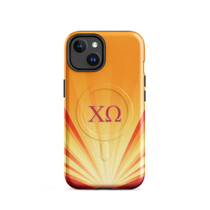 Chi Omega iPhone 14 case with radiant sunburst gradient design and cardinal XO letters, MagSafe compatible, glossy finish