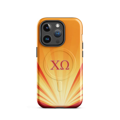 Chi Omega radiant sunburst gradient iPhone 14 pro case with cardinal and straw colors, XO letters, MagSafe compatible protective phone case