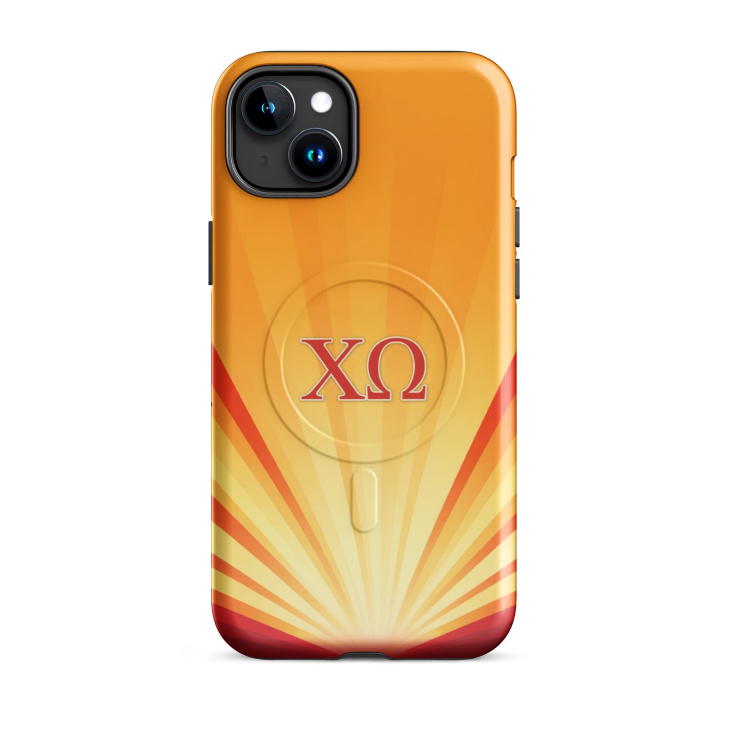 Chi Omega golden sunburst gradient iPhone 15 Plus case with cardinal and straw colors, XO letters, MagSafe compatible protective phone case