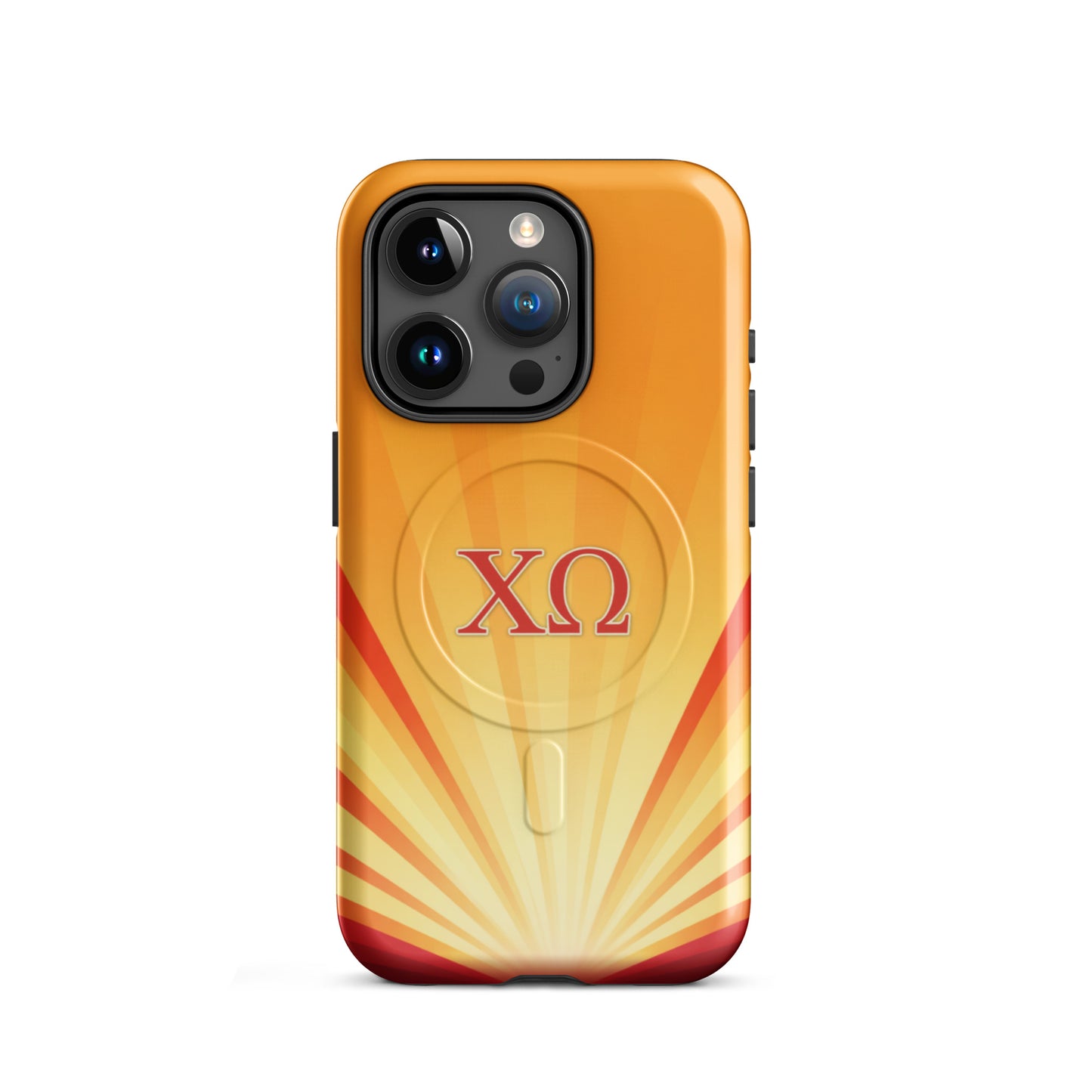 Chi Omega iPhone 15 Pro case with golden sunburst gradient design and cardinal XO letters, MagSafe compatible, glossy finish