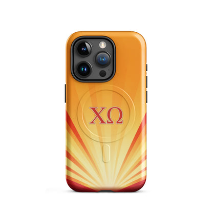 Chi Omega iPhone 15 Pro case with golden sunburst gradient design and cardinal XO letters, MagSafe compatible, glossy finish