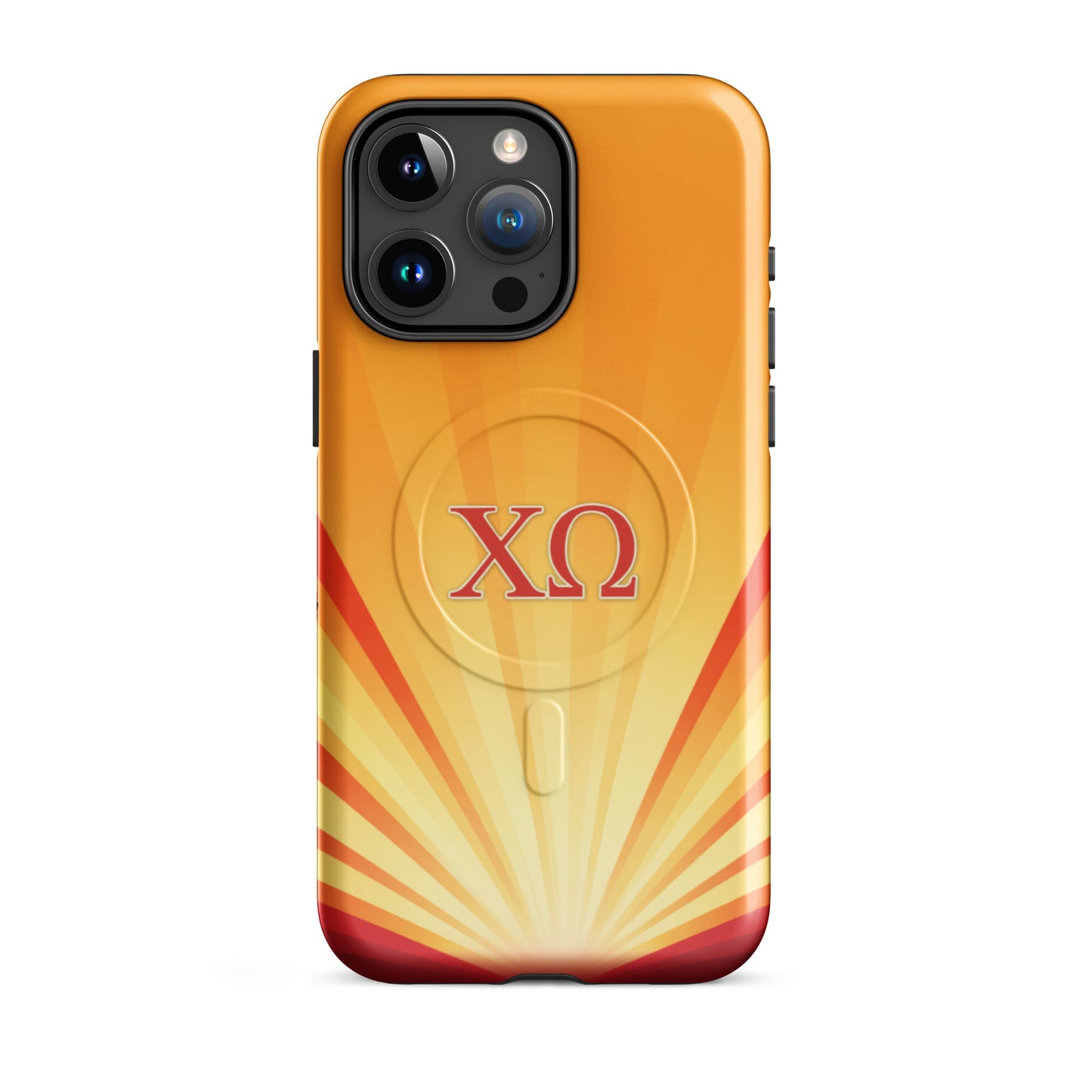 Chi Omega iPhone 15 Pro Max case featuring radiant golden sunburst gradient with cardinal and straw tones and XO Greek letters, MagSafe compatible