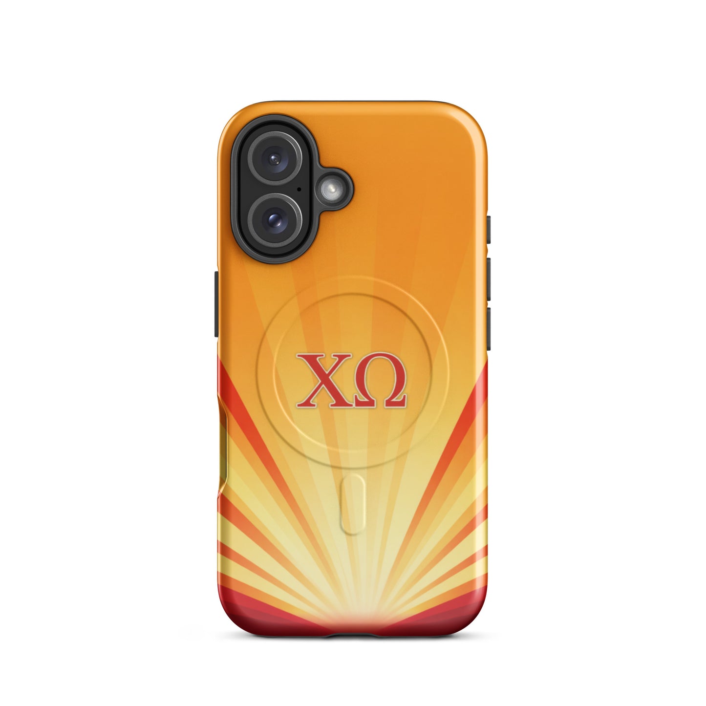 Chi Omega golden sunburst gradient iPhone 16 case with cardinal and straw colors, XO letters, MagSafe compatible protective phone case