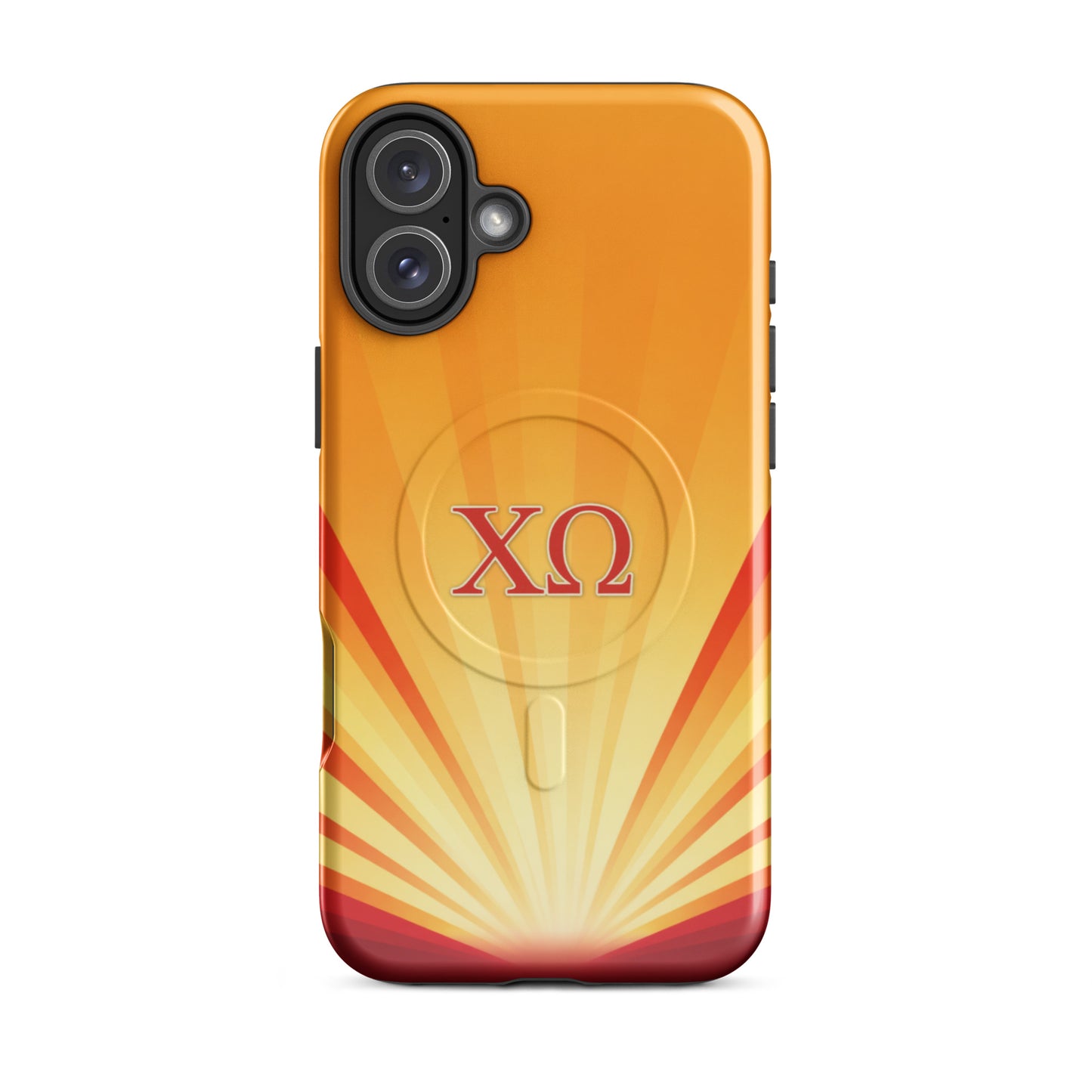 Chi Omega iPhone 16 Plus case with golden sunburst gradient design and cardinal XO letters, MagSafe compatible, glossy finish