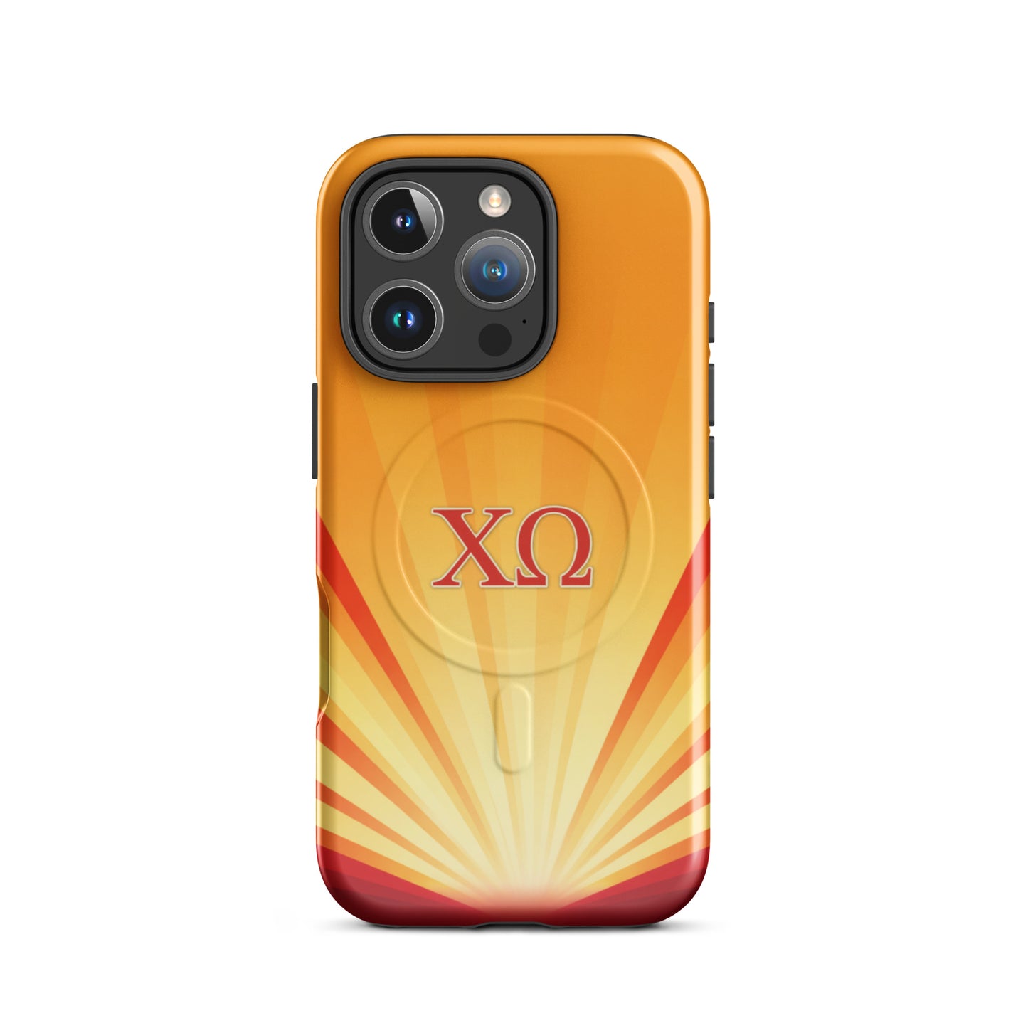 Chi Omega iPhone 16 Pro case featuring radiant golden sunburst gradient with cardinal and straw tones and XO Greek letters, MagSafe compatible