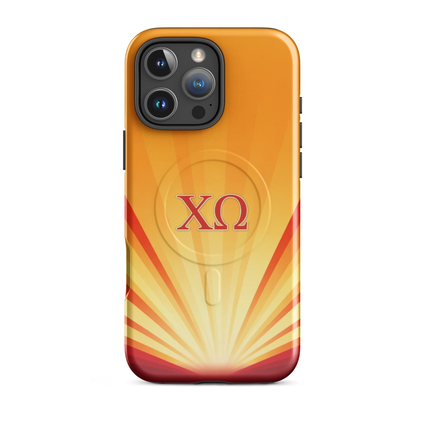 Chi Omega golden sunburst gradient iPhone 16 Pro Max case with cardinal and straw colors, XO letters, MagSafe compatible protective phone case