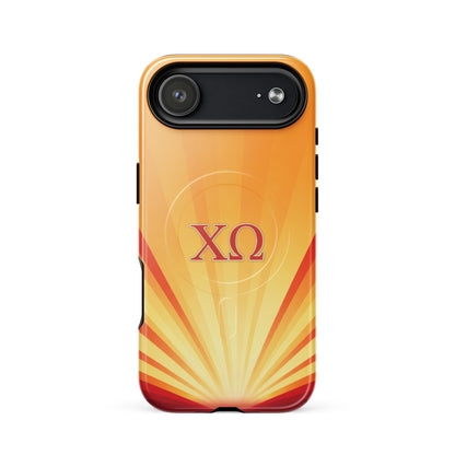Chi Omega iPhone 17 Air case featuring radiant golden sunburst gradient with cardinal and straw tones and XO Greek letters, MagSafe compatible