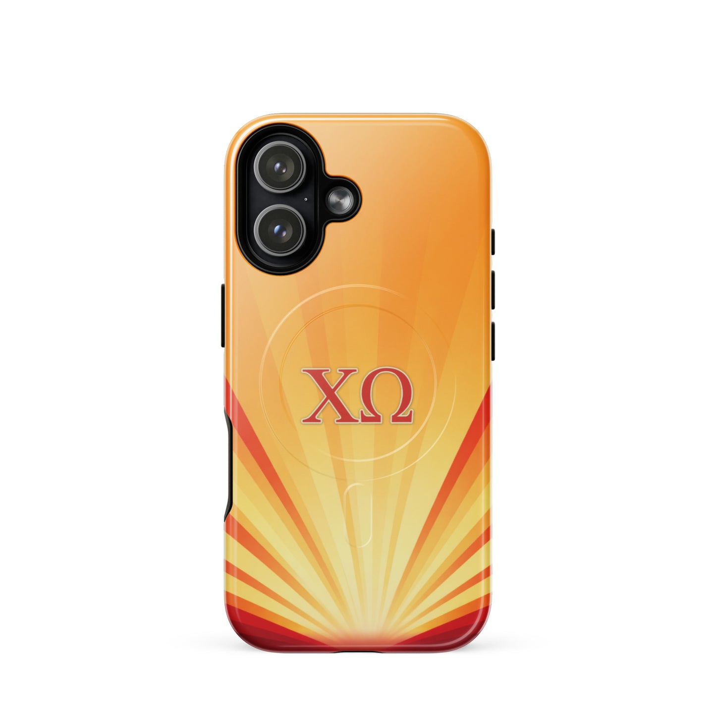 Chi Omega iPhone 17 case with golden sunburst gradient design and cardinal XO letters, MagSafe compatible, glossy finish