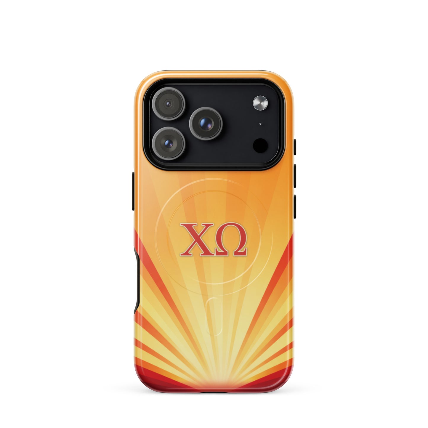 Chi Omega golden sunburst gradient iPhone 17 Pro case with cardinal and straw colors, XO letters, MagSafe compatible protective phone case