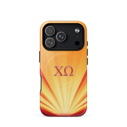 Chi Omega golden sunburst gradient iPhone 17 Pro case with cardinal and straw colors, XO letters, MagSafe compatible protective phone case