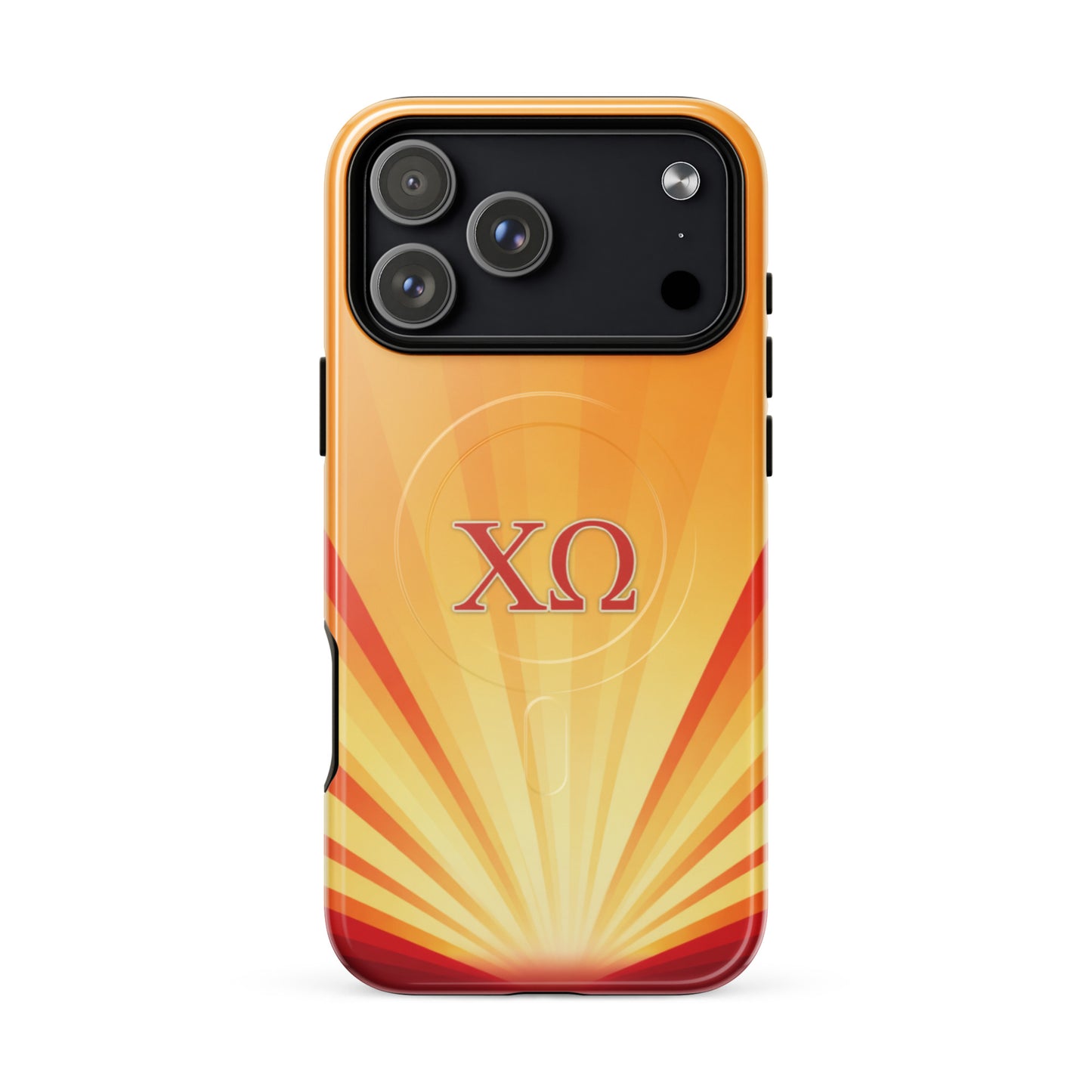 Chi Omega iPhone 17 Pro Max case with golden sunburst gradient design and cardinal XO letters, MagSafe compatible, glossy finish