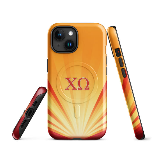 Chi Omega iPhone case with radiant sunburst gradient design and cardinal XO letters, MagSafe compatible, glossy finish multi view