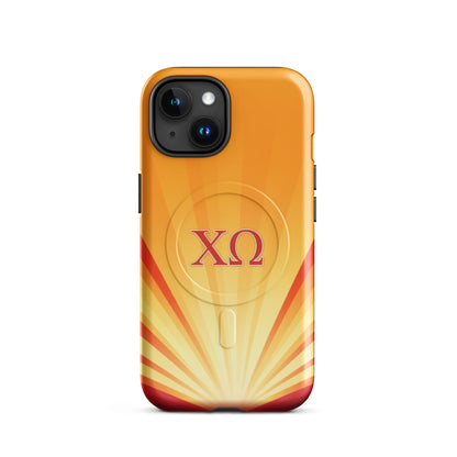 Chi Omega iPhone case with radiant sunburst gradient design and cardinal XO letters, MagSafe compatible, glossy finish
