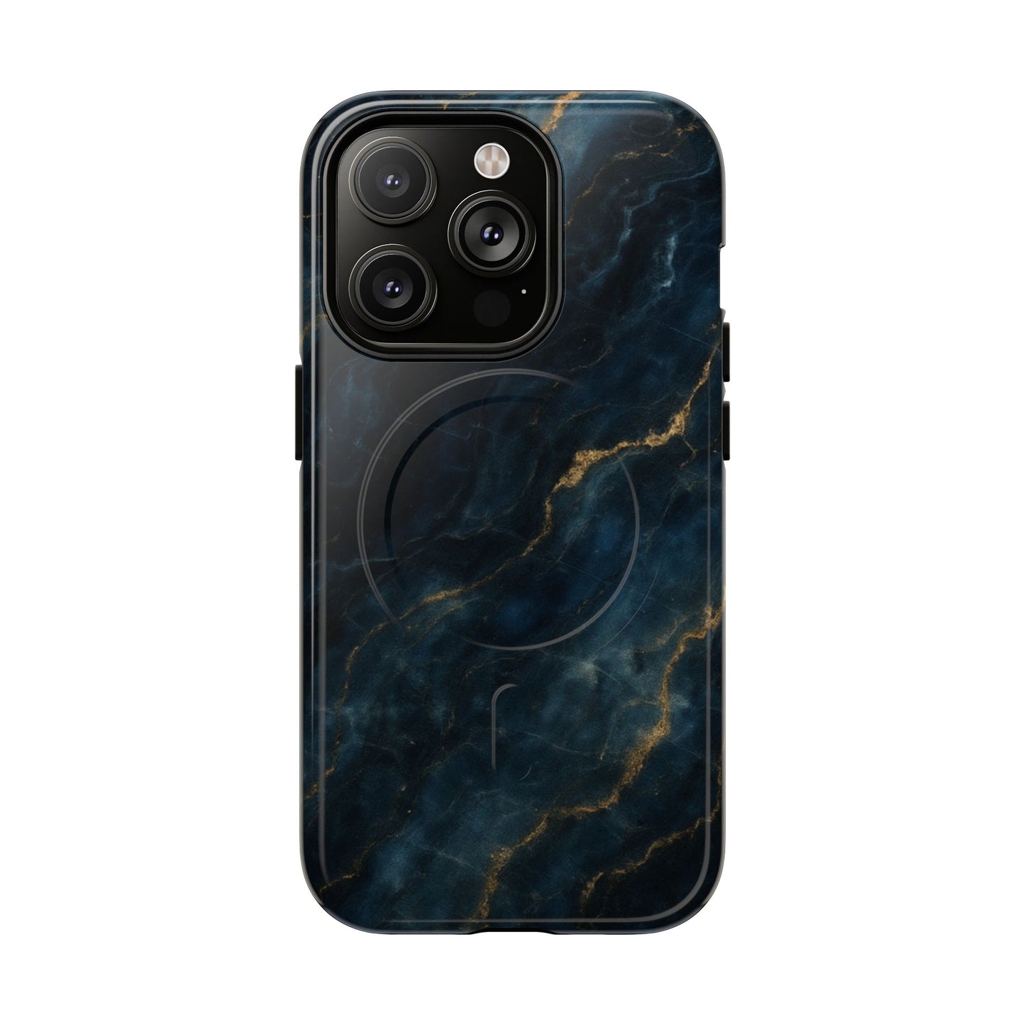 Midnight Marble dark blue marble iPhone 14 Pro MagSafe case featuring deep navy stone textures with gold vein accents.