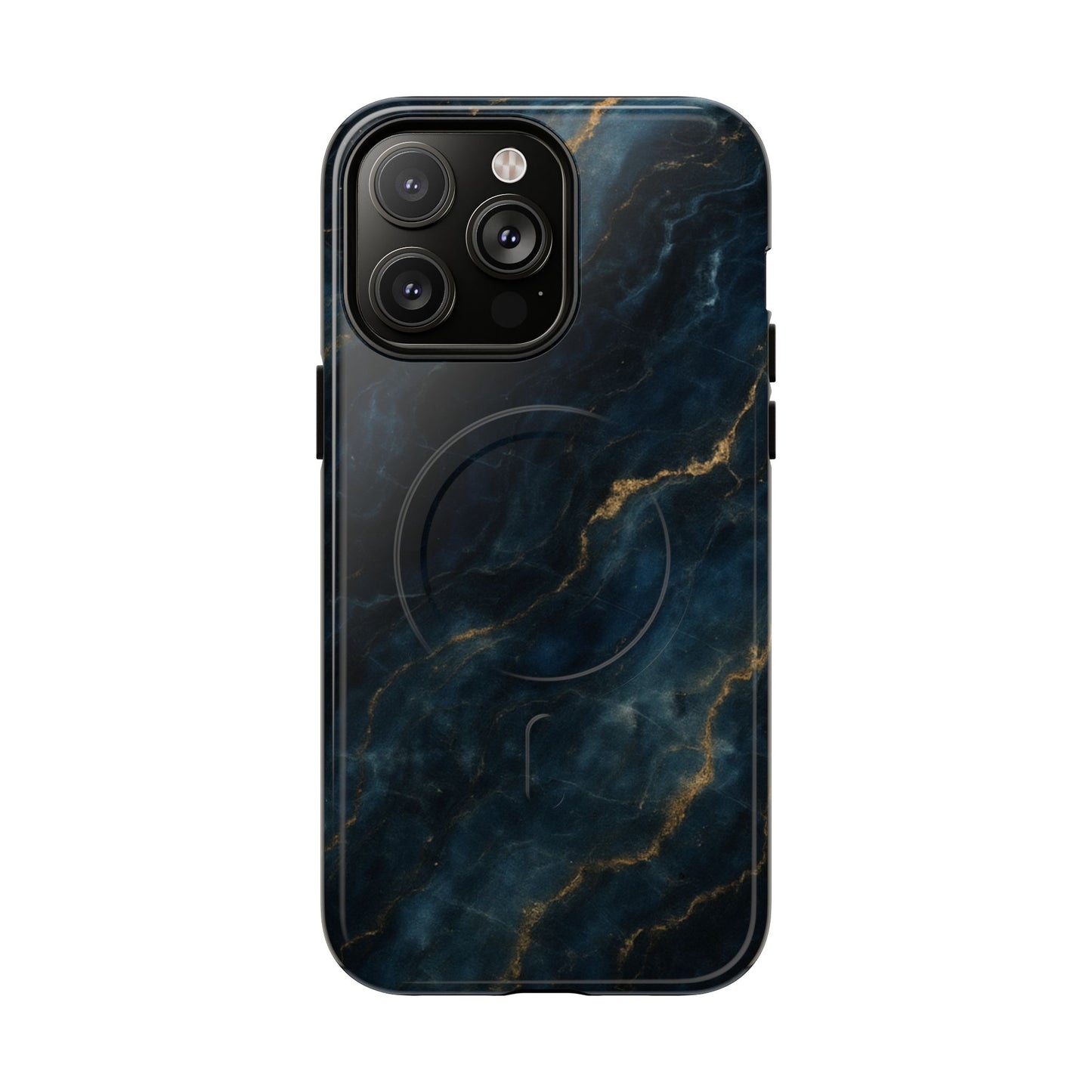Midnight Marble dark blue marble iPhone 14 Pro Max MagSafe case featuring deep navy stone textures with gold vein accents.