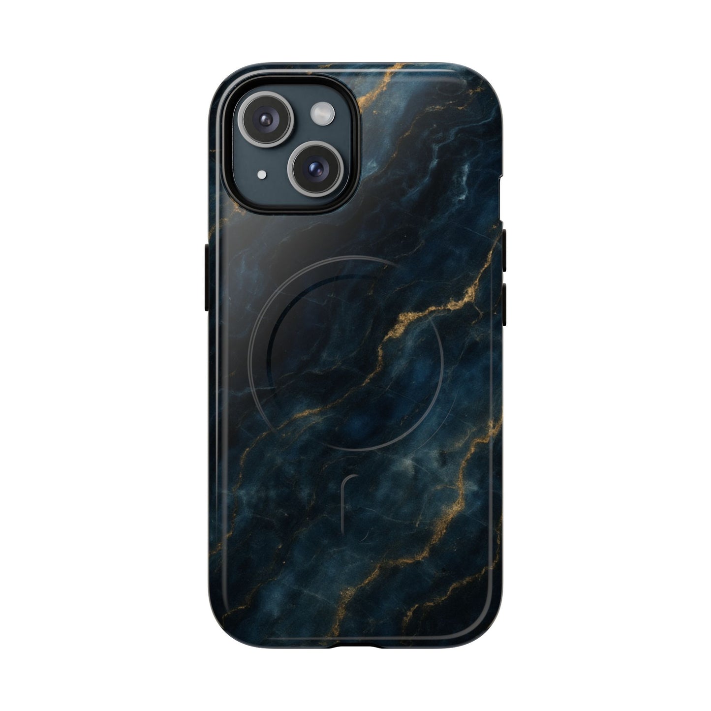 Midnight Marble dark blue marble iPhone 15 MagSafe case featuring deep navy stone textures with gold vein accents.