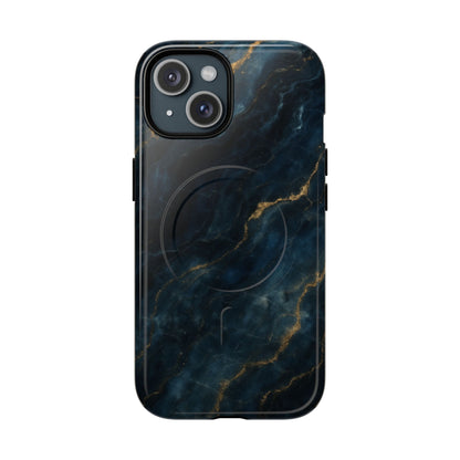 Midnight Marble dark blue marble iPhone 15 MagSafe case featuring deep navy stone textures with gold vein accents.