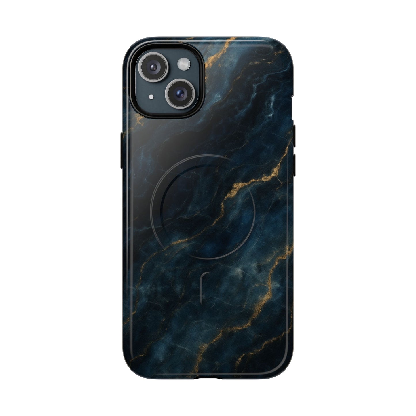 Midnight Marble dark blue marble iPhone 15 Plus MagSafe case featuring deep navy stone textures with gold vein accents.