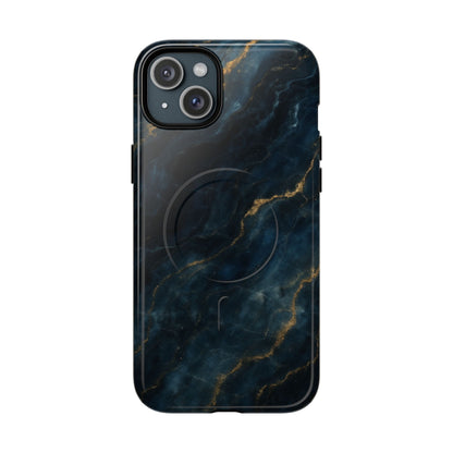 Midnight Marble dark blue marble iPhone 15 Plus MagSafe case featuring deep navy stone textures with gold vein accents.