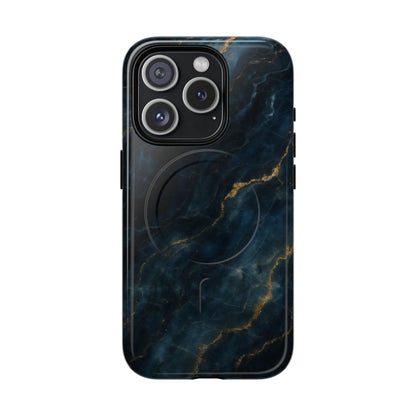 Midnight Marble dark blue marble iPhone 15 Pro MagSafe case featuring deep navy stone textures with gold vein accents.