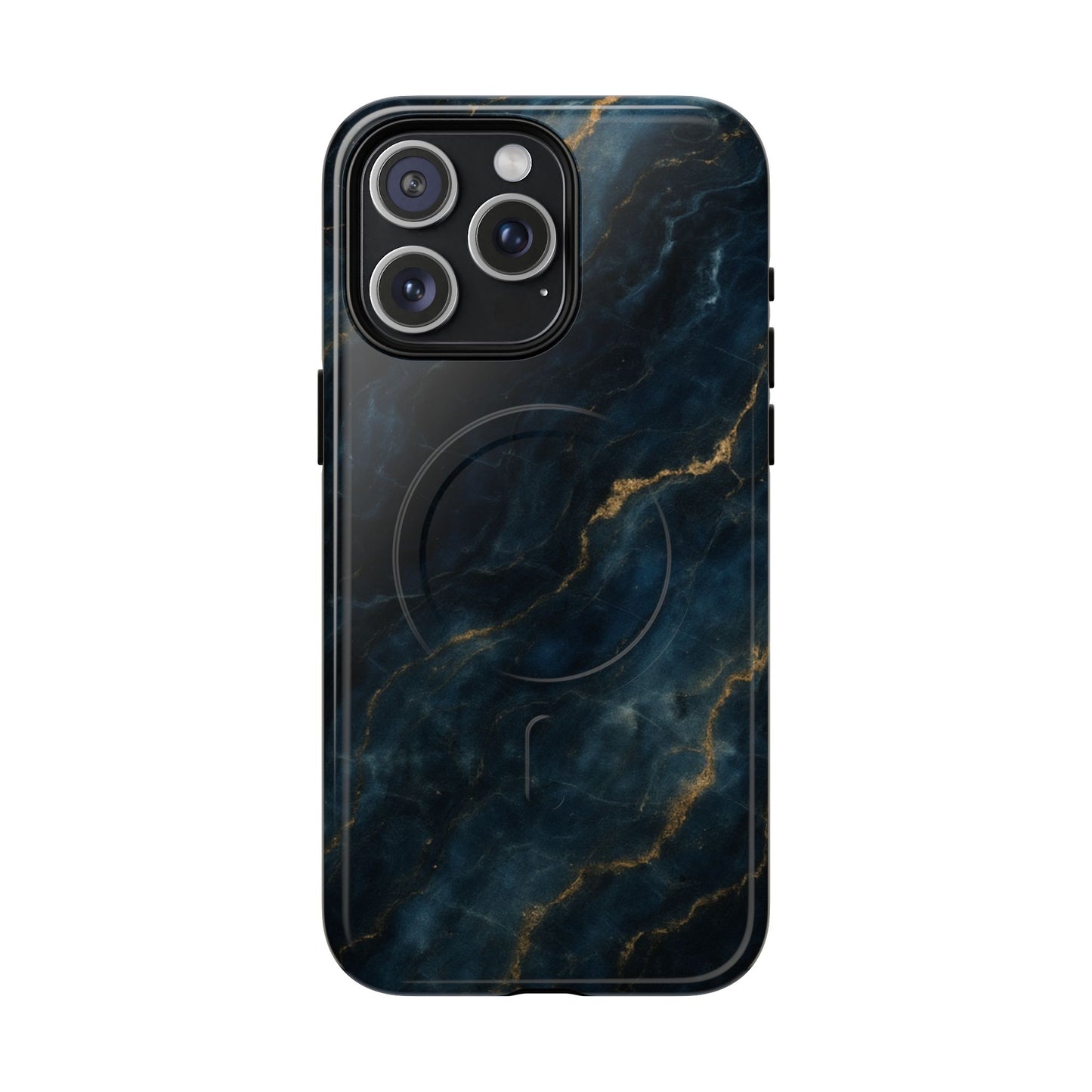 Midnight Marble dark blue marble iPhone 15 Pro Max MagSafe case featuring deep navy stone textures with gold vein accents.