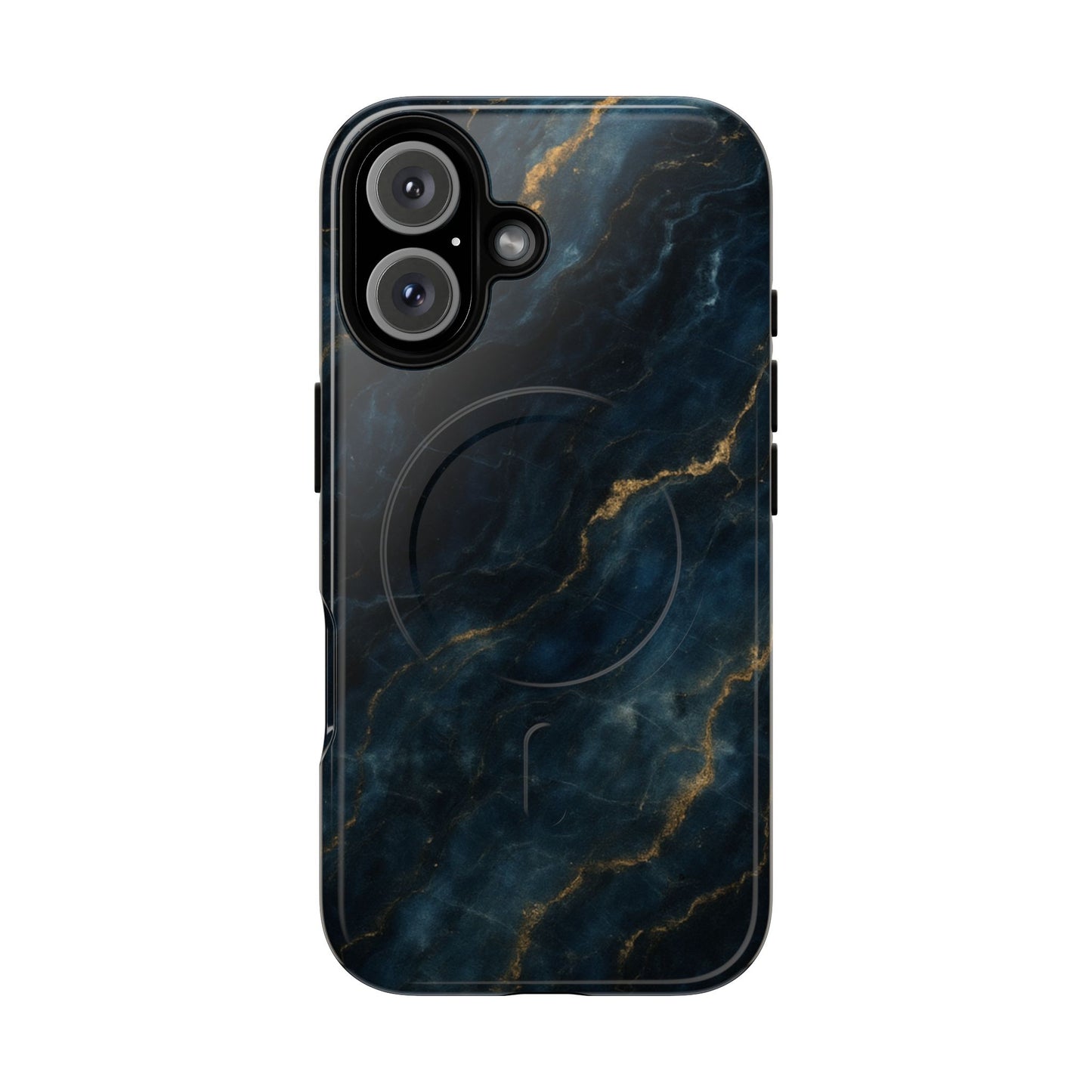 Midnight Marble dark blue marble iPhone 16 MagSafe case featuring deep navy stone textures with gold vein accents.