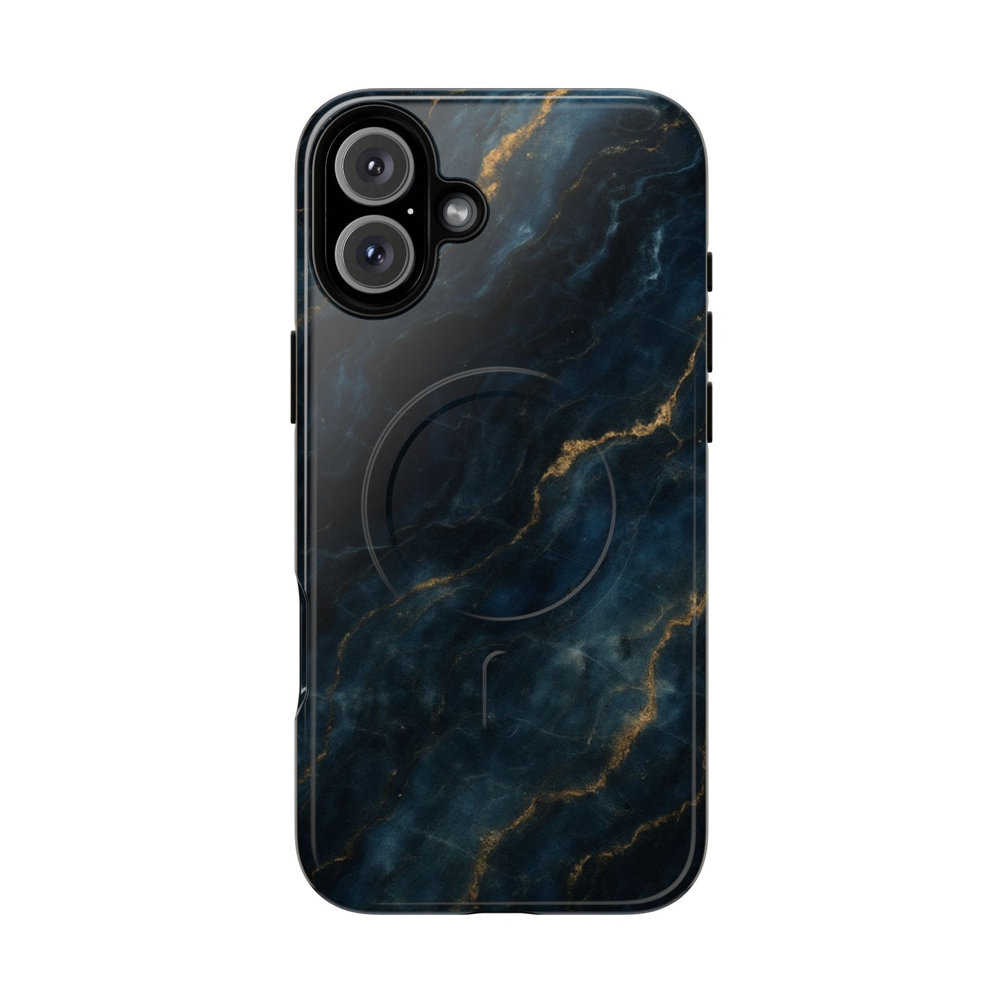 Midnight Marble dark blue marble iPhone 16 Plus MagSafe case featuring deep navy stone textures with gold vein accents.