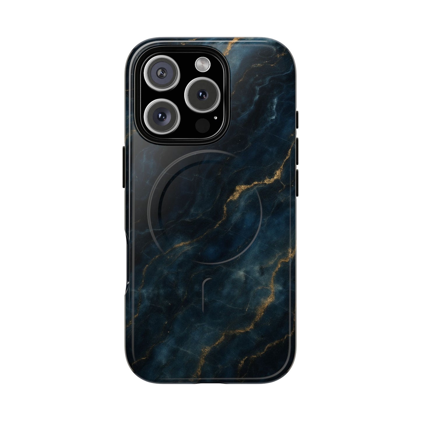 Midnight Marble dark blue marble iPhone 16 Pro MagSafe case featuring deep navy stone textures with gold vein accents.