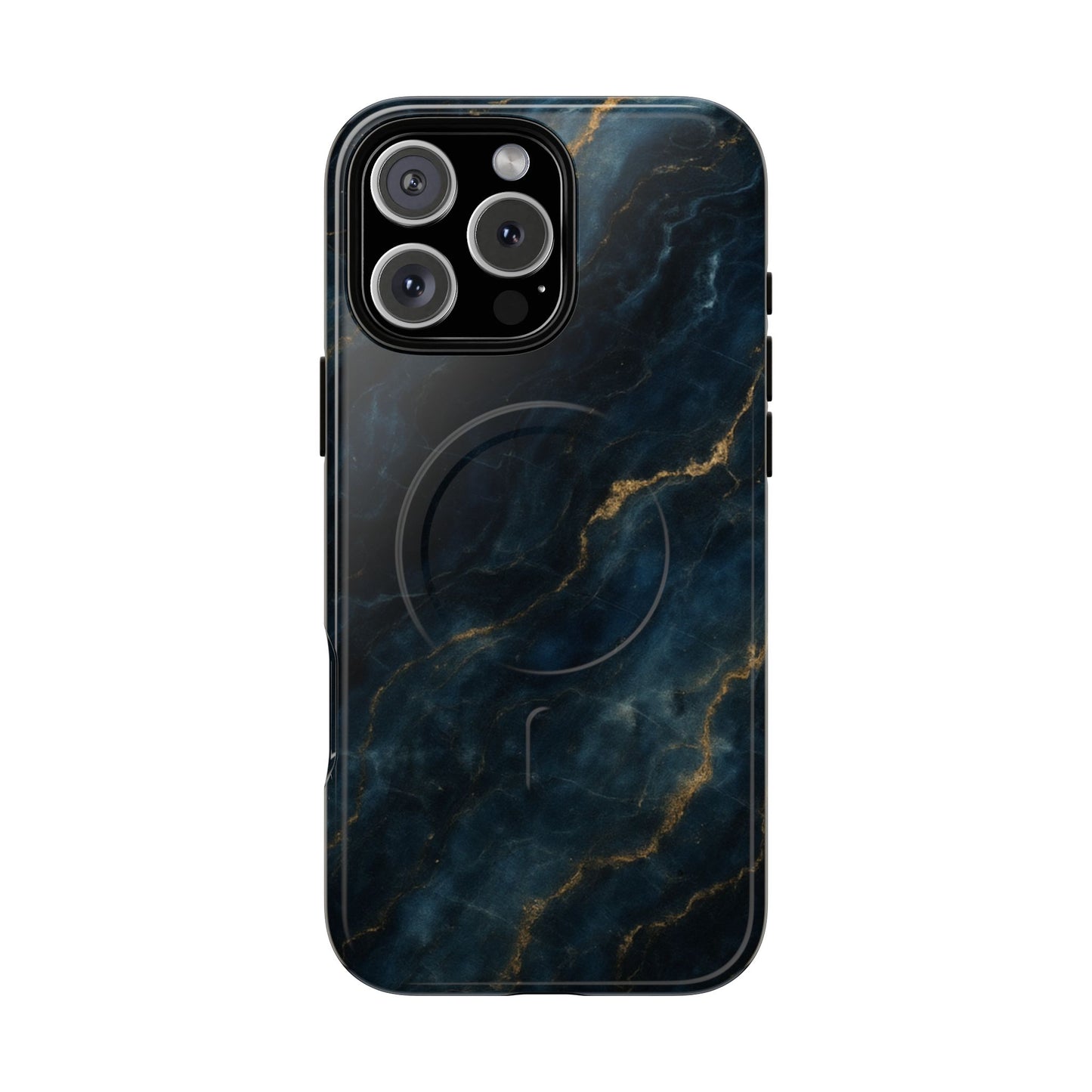 Midnight Marble dark blue marble iPhone 16 Pro Max MagSafe case featuring deep navy stone textures with gold vein accents.