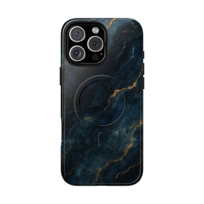 Midnight Marble dark blue marble iPhone 16 Pro Max MagSafe case featuring deep navy stone textures with gold vein accents.