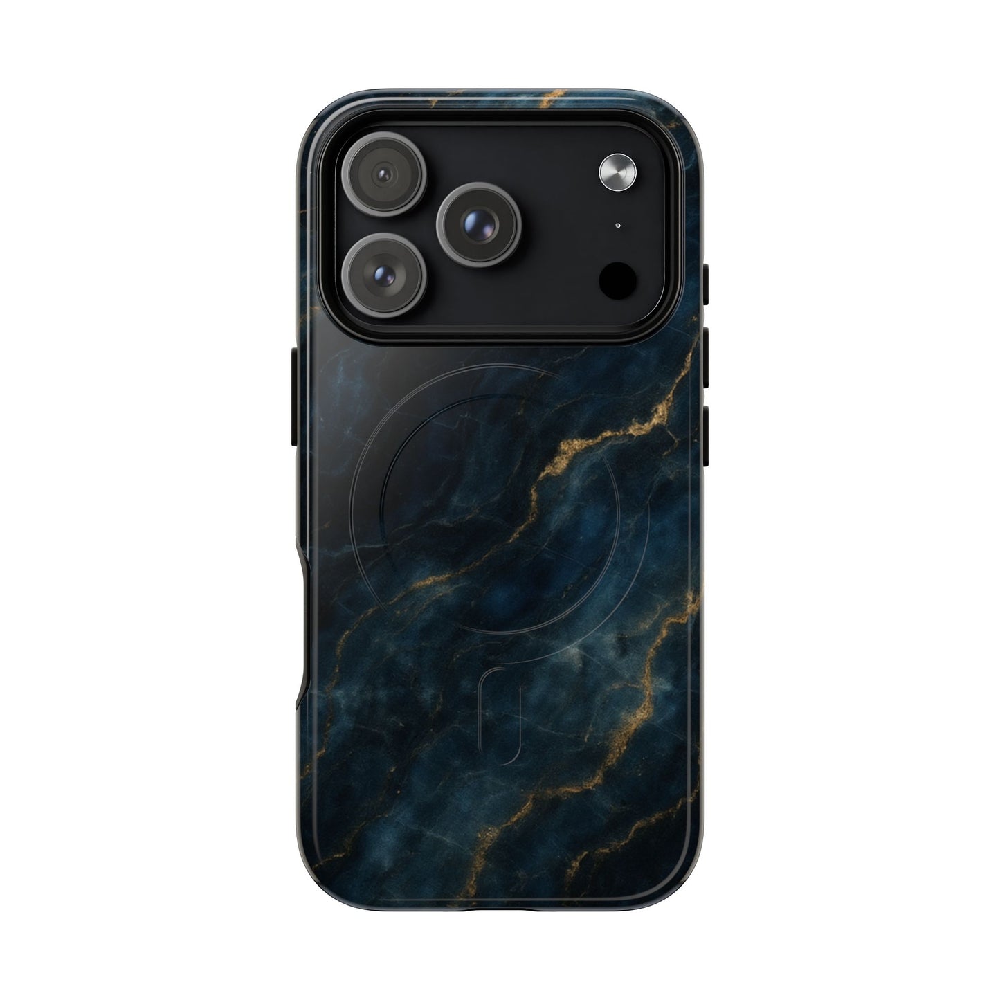Midnight Marble dark blue marble iPhone 17 Pro MagSafe case featuring deep navy stone textures with gold vein accents.