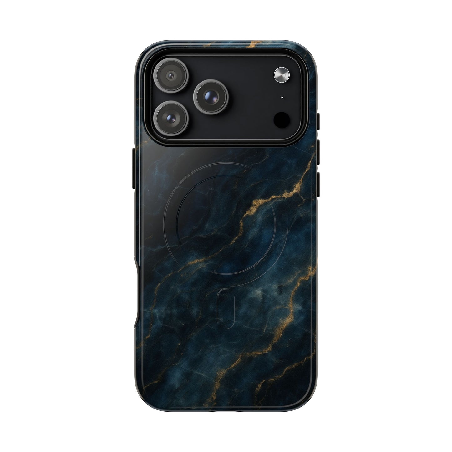Midnight Marble dark blue marble iPhone 17 Pro Max MagSafe case featuring deep navy stone textures with gold vein accents.