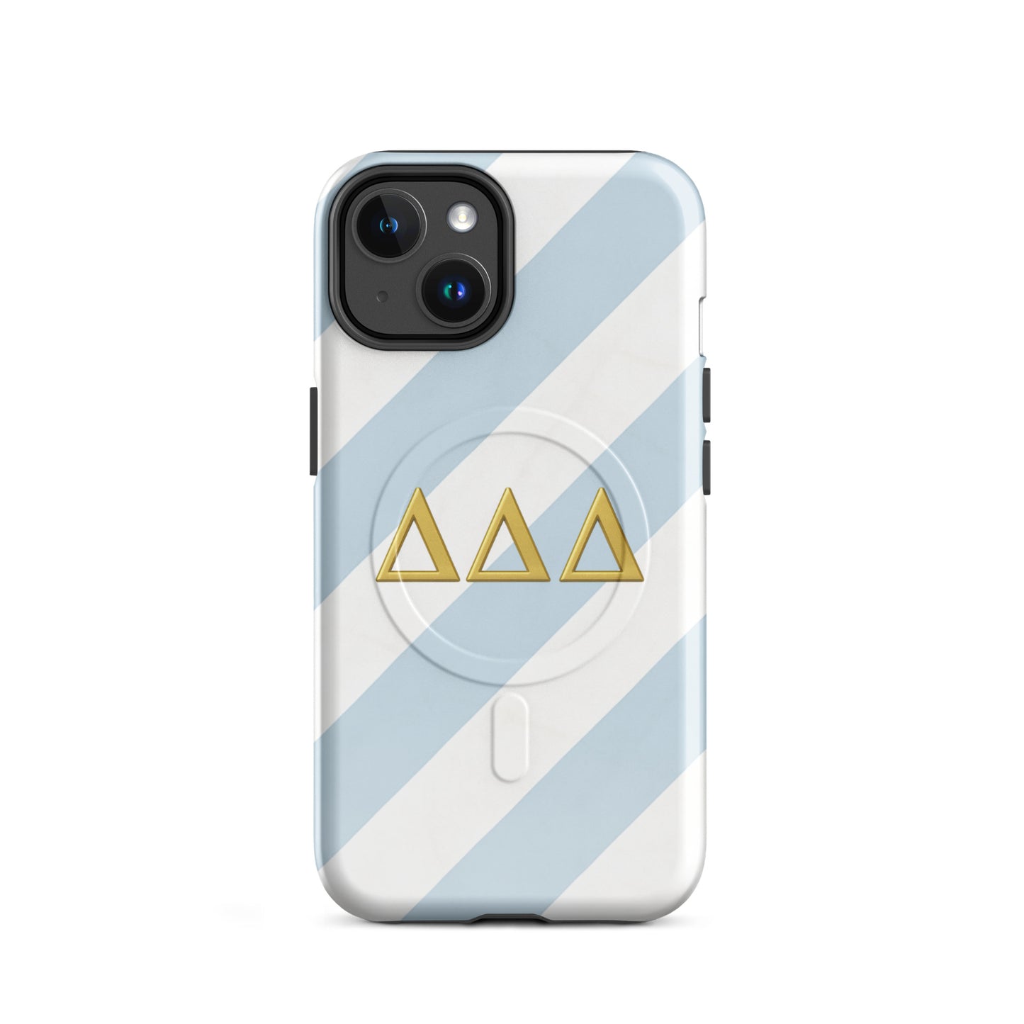 Blue and white striped Tri Delta iPhone 14 phone case with gold Delta Delta Delta Greek letters and MagSafe charging compatibility