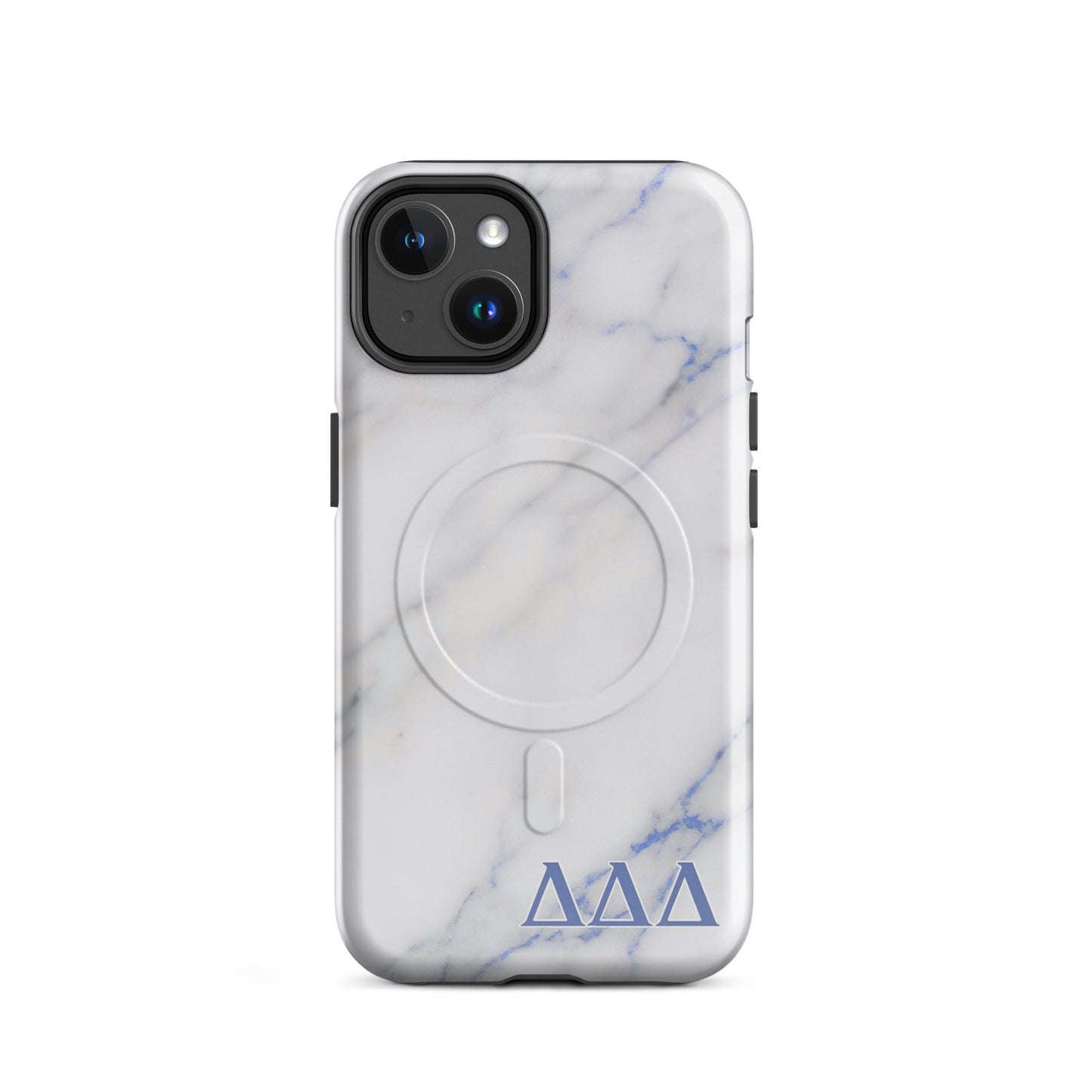 White marble DDD Delta Delta Delta iPhone 14 phone case with blue Greek letters and MagSafe charging compatibility