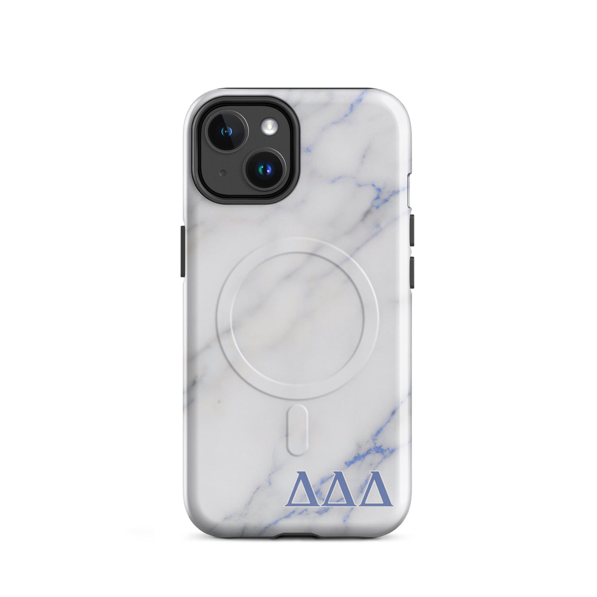 White marble DDD Delta Delta Delta iPhone 14 phone case with blue Greek letters and MagSafe charging compatibility