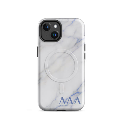 White marble DDD Delta Delta Delta iPhone 14 phone case with blue Greek letters and MagSafe charging compatibility