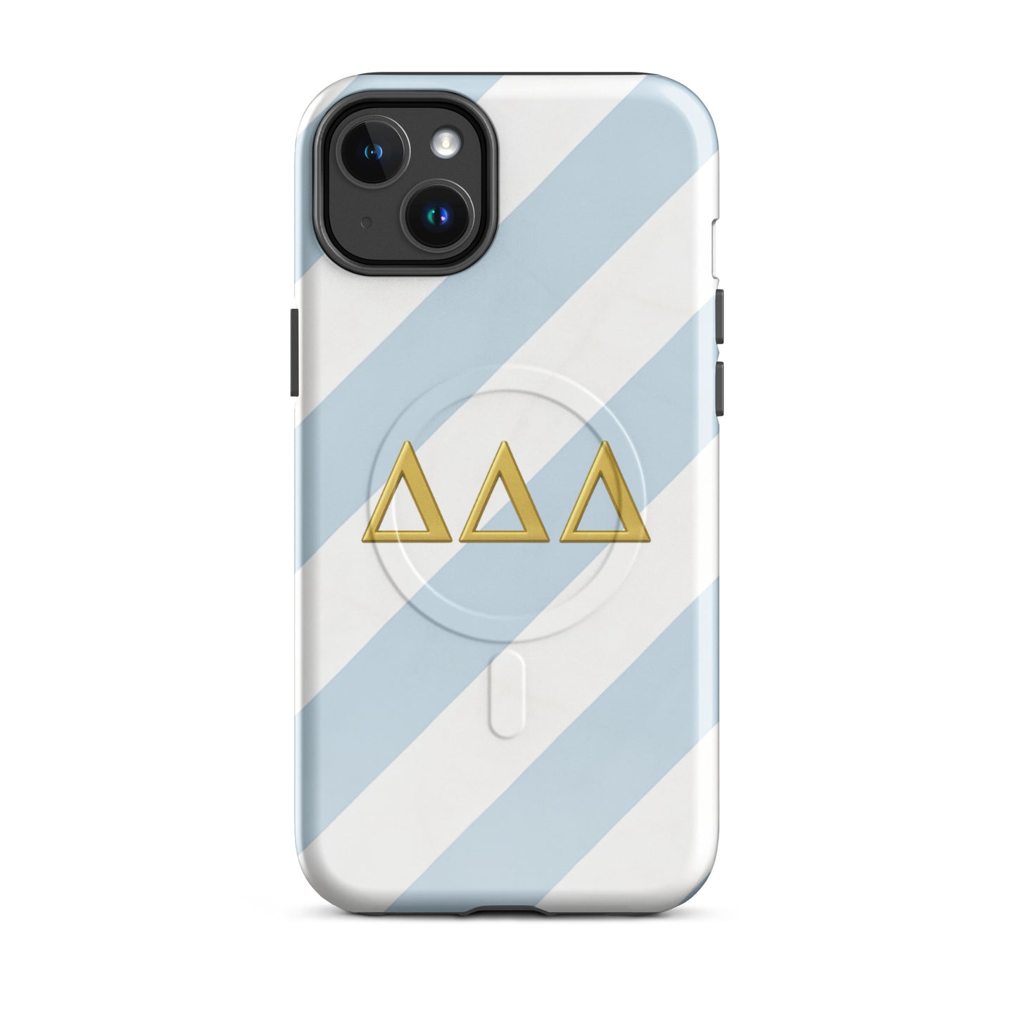 Tri Delt sorority iPhone 14 Plus MagSafe case in classic blue, white, and gold stripes - for sisters, alumnae, and chapter events